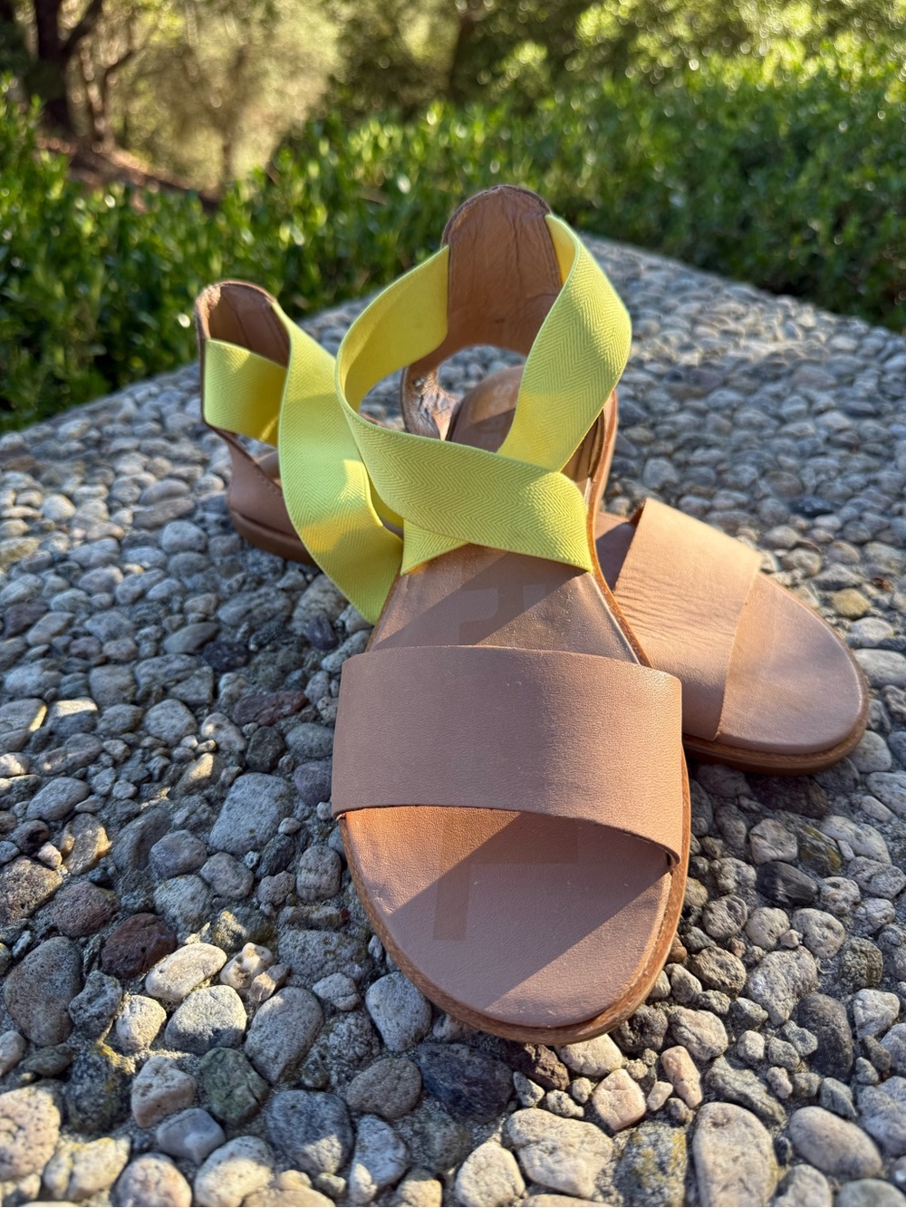 Sorel Women’s Tan Sandals with Yellow Elastic Cross Straps